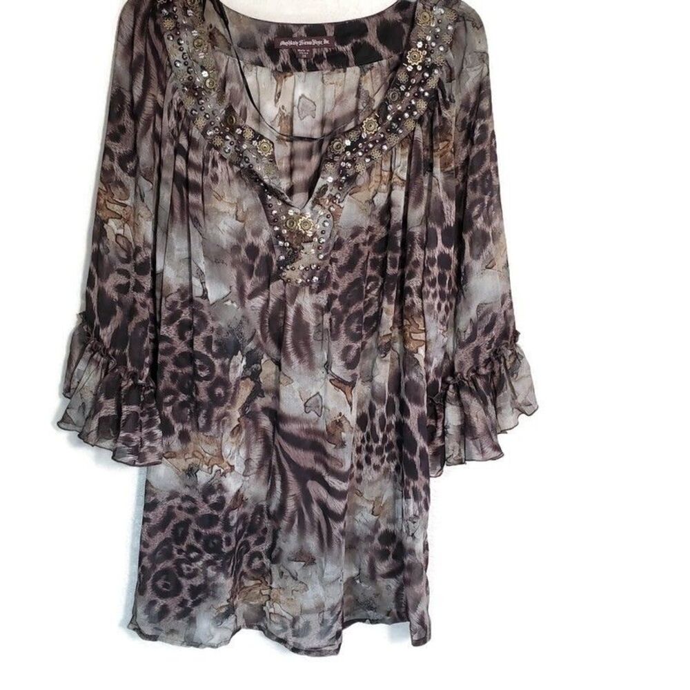 Mushka By Sienna Rose Top Womens Bohemian Animal Print Embellished V Neck 3X